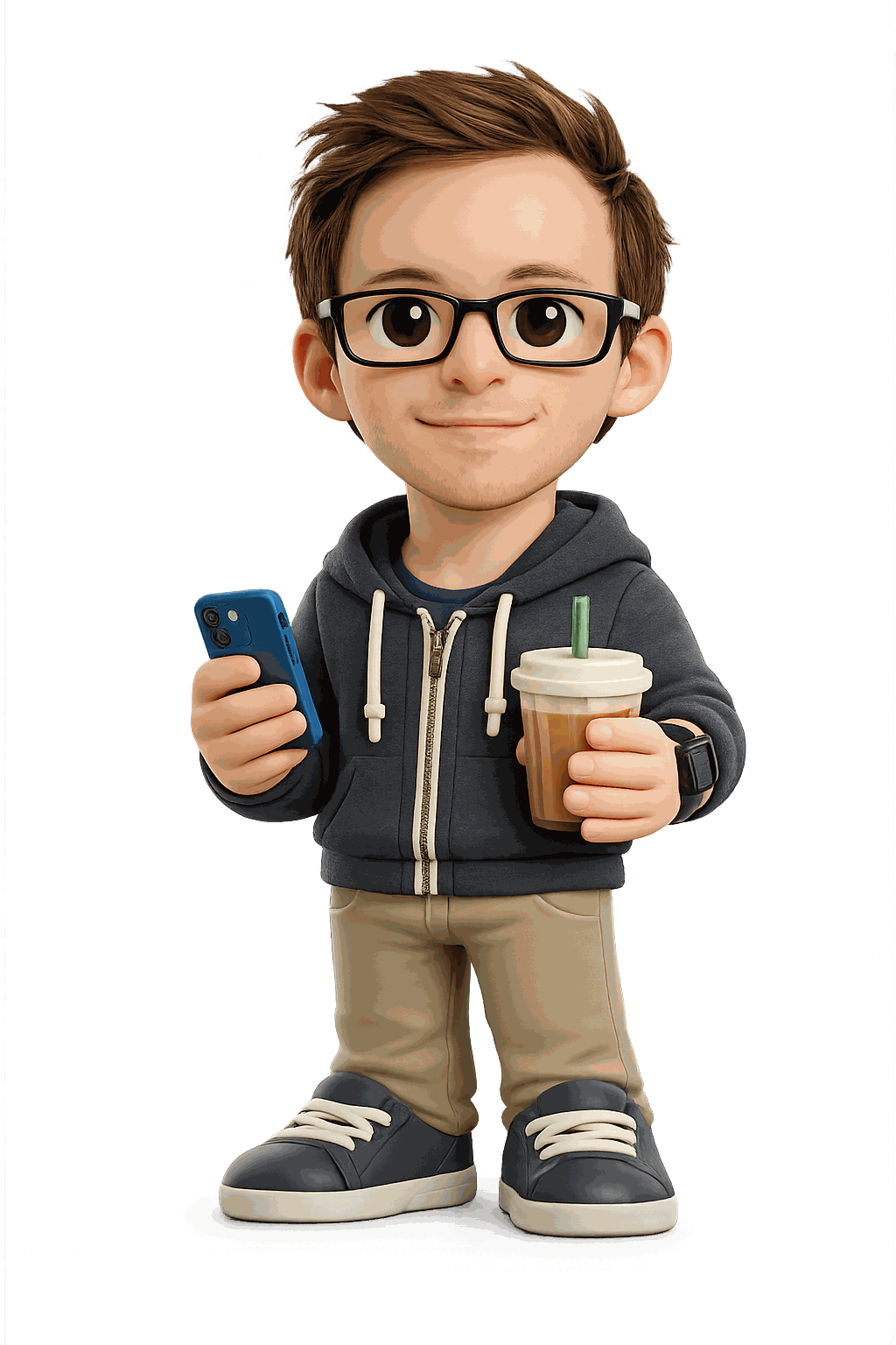 A person stylised into a premium designer vinyl collectible figure, holding a phone and a drink, on a transparent background.