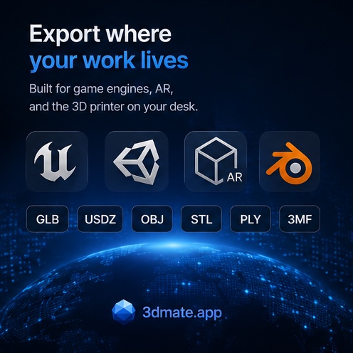 3D Mate export formats for Unreal, Unity, AR Quick Look, and Blender