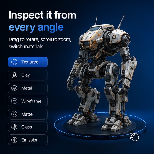 3D Mate viewer inspecting a generated robot model with textured, clay, metal, wireframe, matte, glass, and emission materials