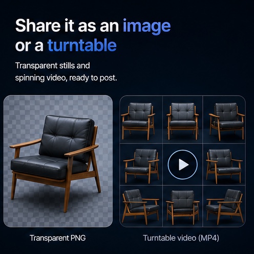 Transparent PNG still and turntable video export of a chair model generated by 3D Mate