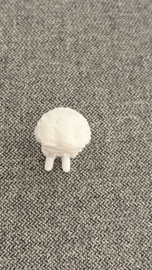 Top down view of the printed figure showing the curly hair detail