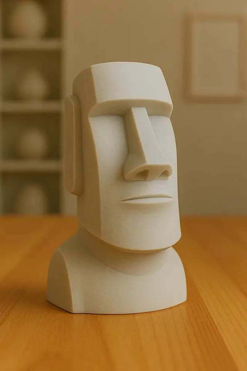 A single photo of a moai statue on a desk, used as the input image